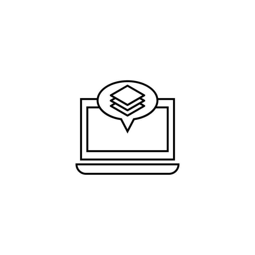 Computer, internet and communication concept. Modern monochrome sign in flat style. Suitable for web sites, stores, books etc. Line icon of stack of sheets inside of speech bubble on laptop monitor vector