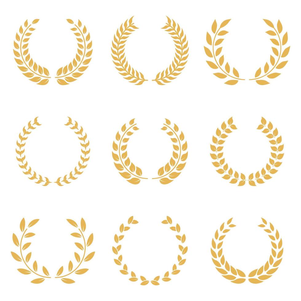 Gold Chaplet Winner Reward Silhouette Icon Set. Golden Laurel Wreath Round Olive Branch on White Background. Glory Foliate Twig Circle Award Emblem Achievement. Isolated Vector Illustration.