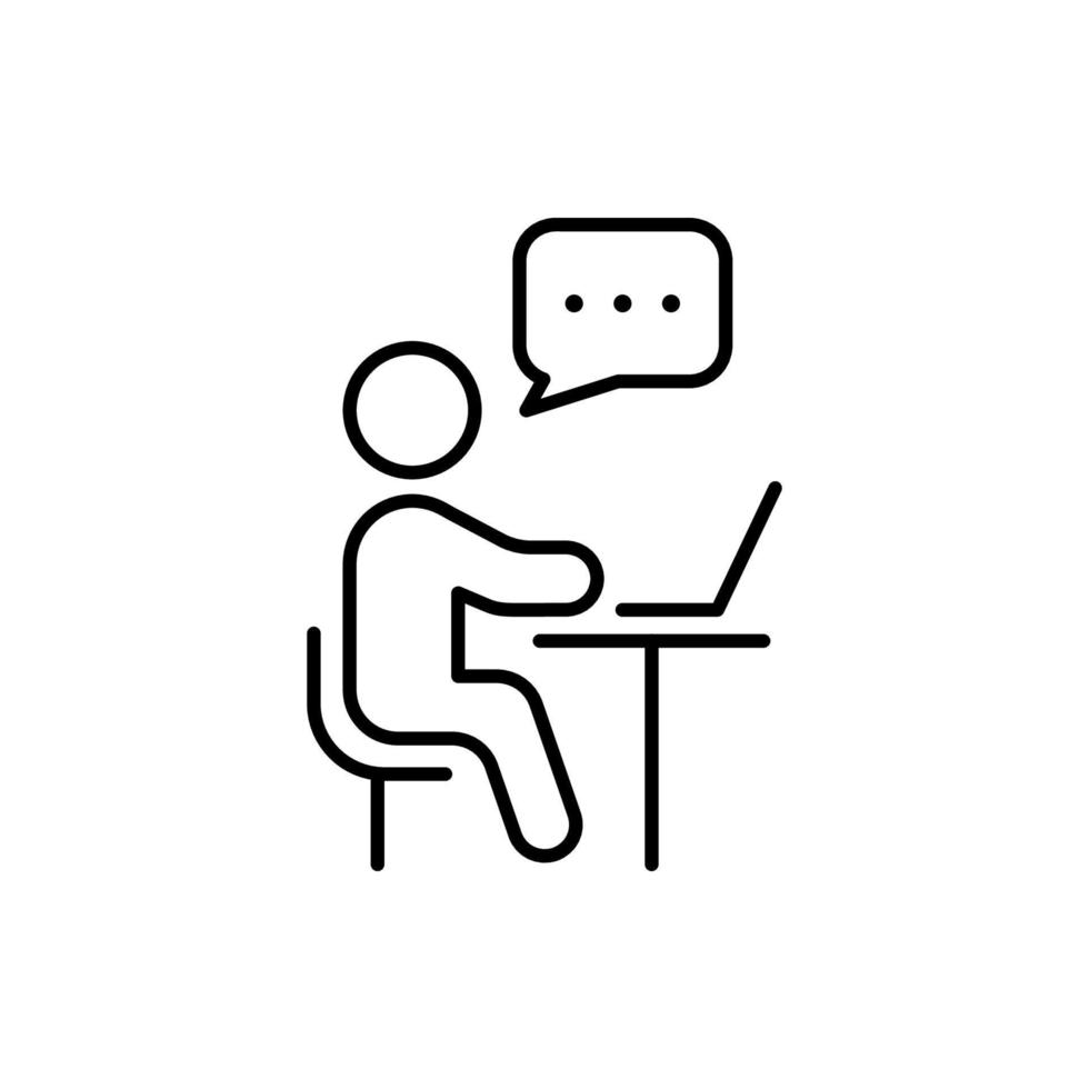 Person Sit and Use Computer Line Icon. Online Training Video Conference Chat on Laptop Linear Pictogram. Virtual Webinar Meeting Discussion Outline Icon. Editable Stroke. Isolated Vector Illustration.