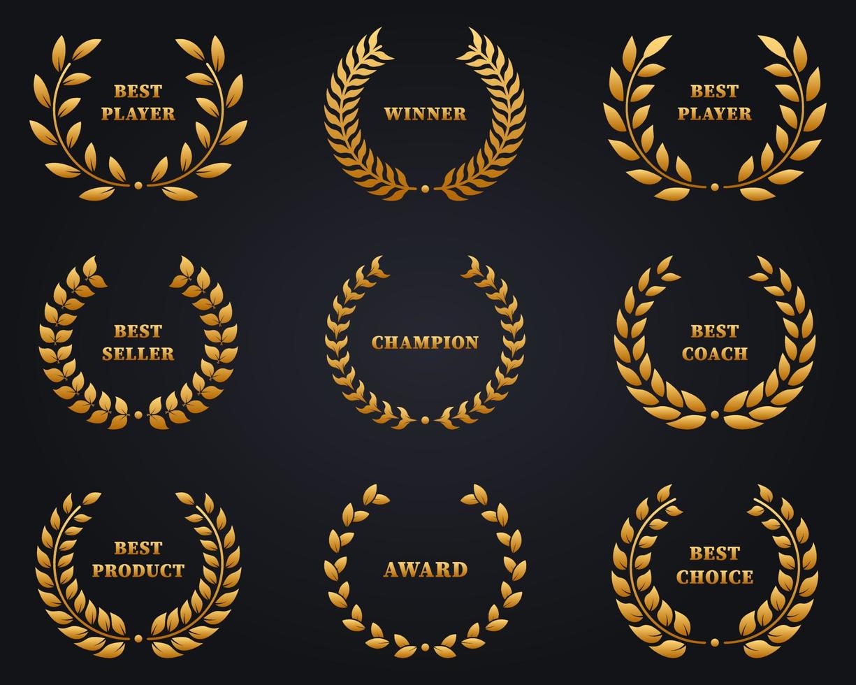 Chaplet for Success Winner Silhouette Gold Icon Set. Laurel Wreath Sheet Award Achievement Golden Pictogram. Victory Champion Circle Leaf Olive Branch Reward Best Choice. Vector Illustration.