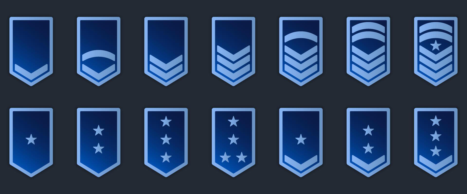 Military Badge Insignia Blue Symbol. Soldier Sergeant, Major, Officer, General, Lieutenant, Colonel Emblem. Army Rank Icon. Chevron Star and Stripes Logo. Isolated Vector Illustration.