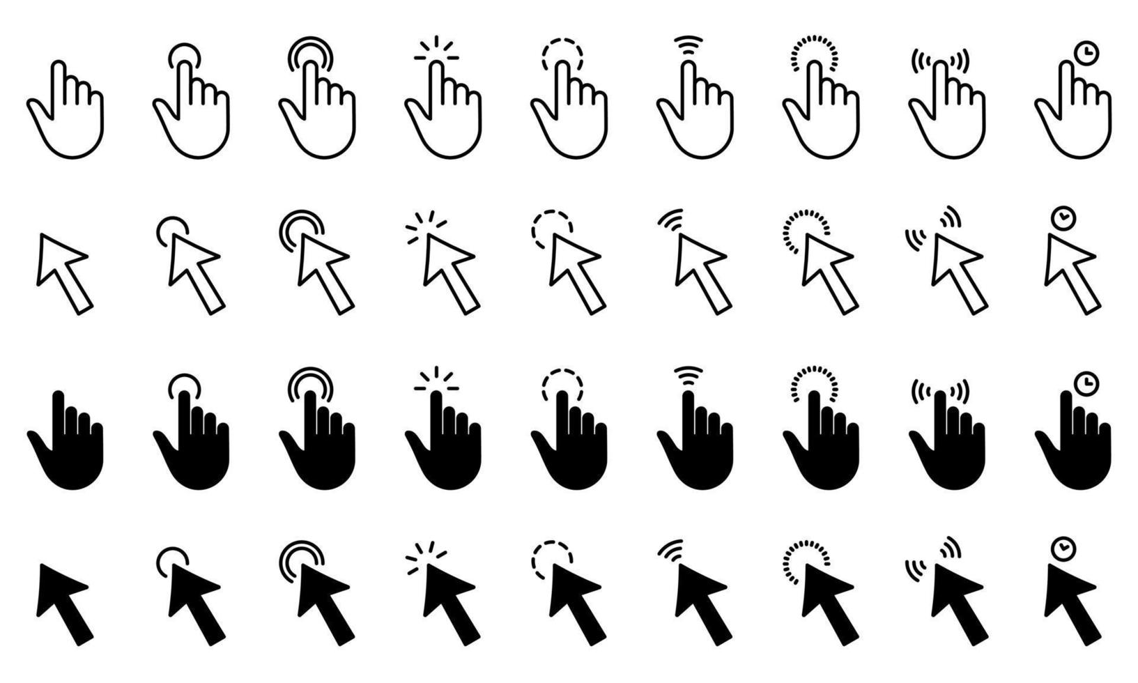 Cursor Computer Pointer Line and Silhouette Icon Set. Arrow and Hand with Finger Digital Mouse Click. Internet Website App Press Tap Link Choice Button Interface. Isolated Vector Illustration.