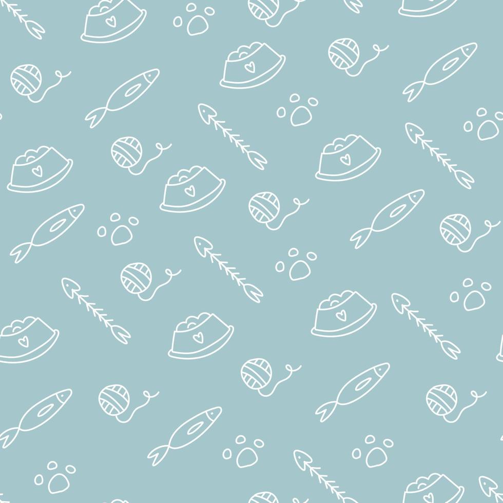 Blue and White Doodled Cat Things Pattern vector