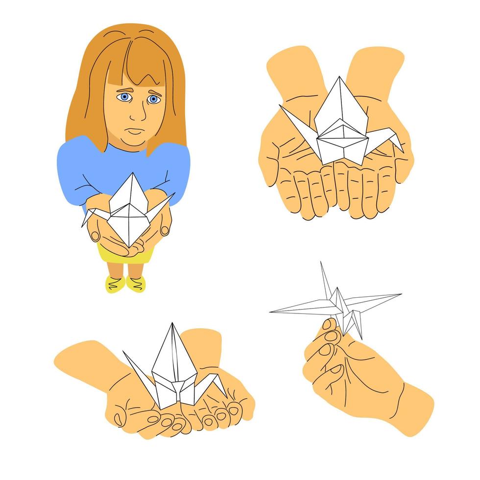 Sad girl with origami crane, children pray for a peaceful sky, open hands with paper crane. No war set, Japanese symbol of peace vector illustration