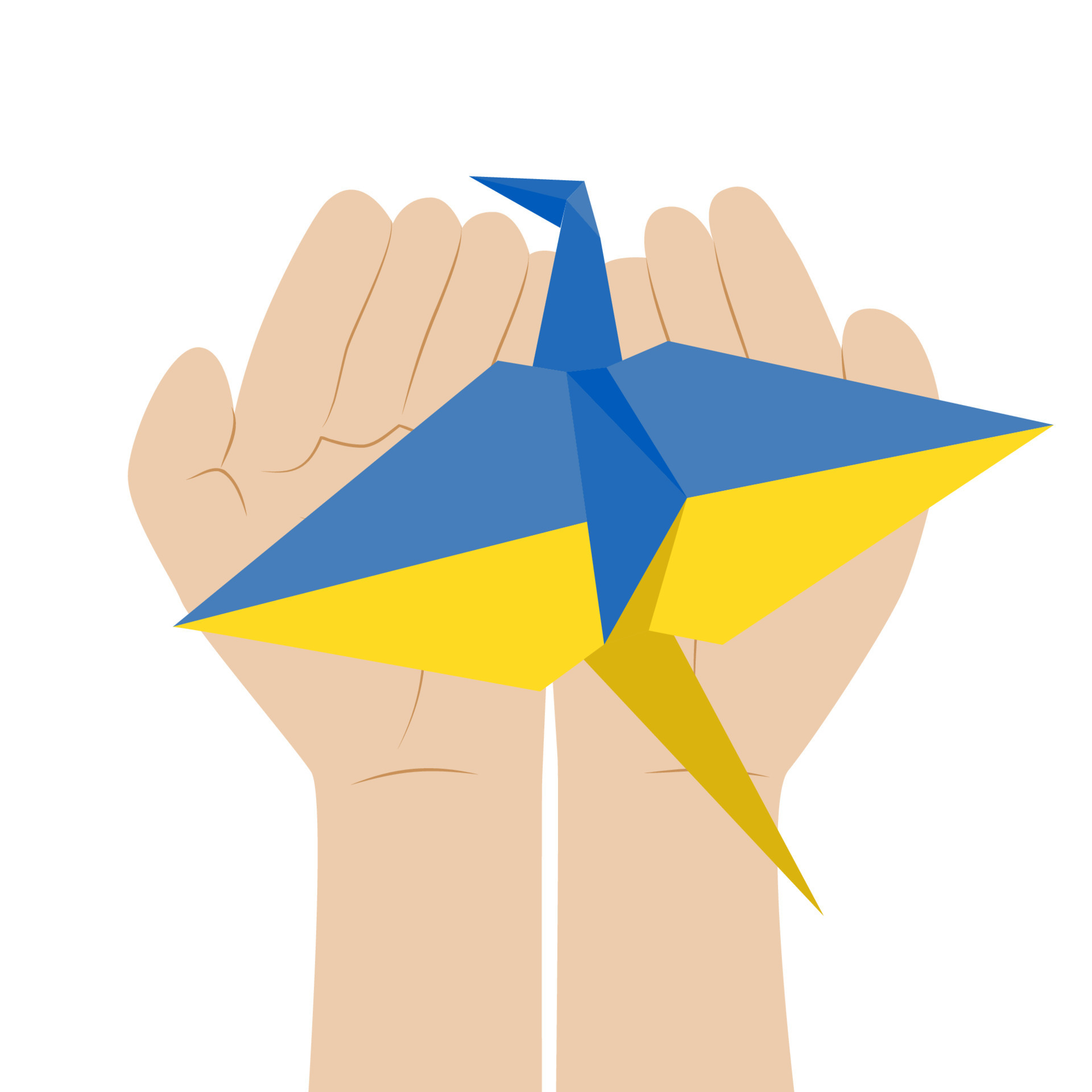 Paper origami crane in blue yellow colors on open childrens hands