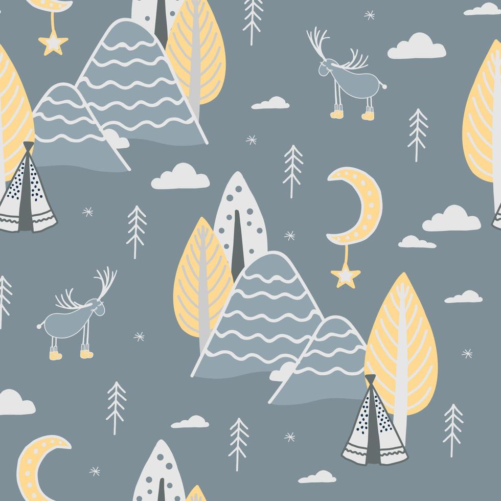 habitación infantil de papel digital transparente. papel pintado o diseño textil infantil. bosque y montañas sobre un fondo gris. vector