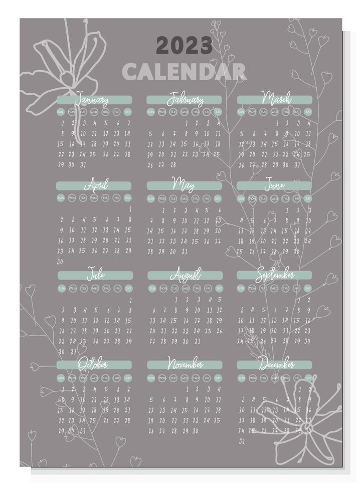 calendario 2023 diseño simple. ilustración de vector de color gris