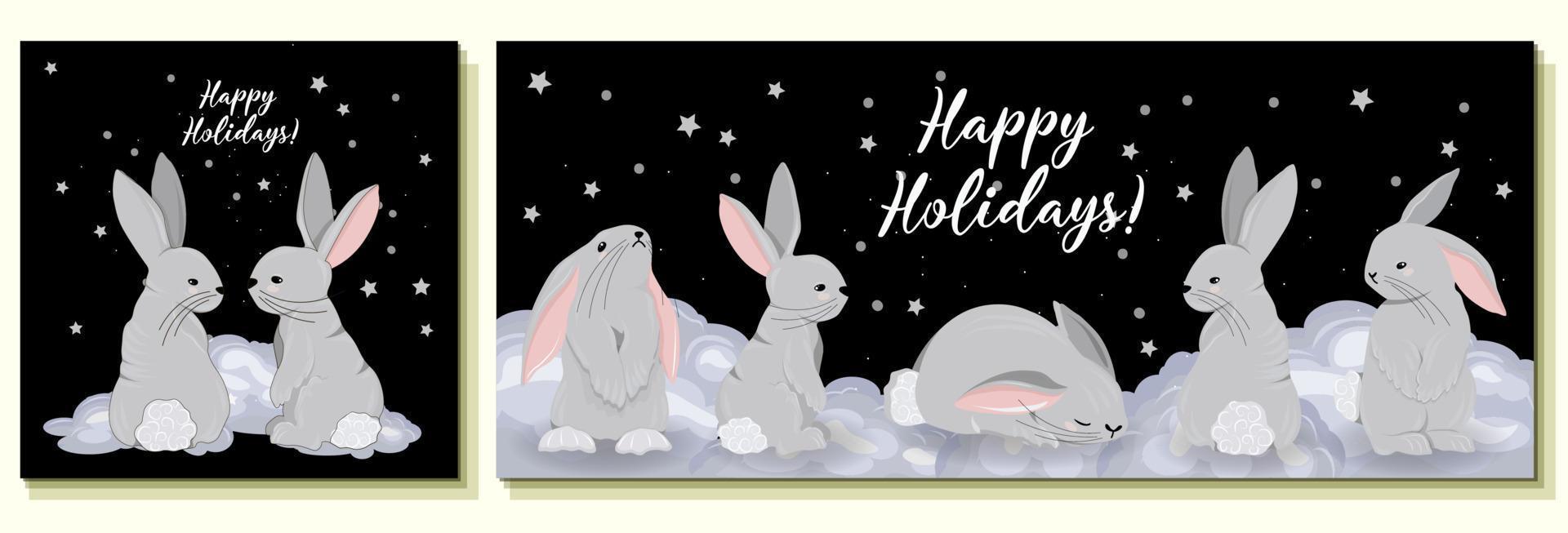 Set of greeting cards 2023. Happy holidays. Rabbit symbol of 2023 vector