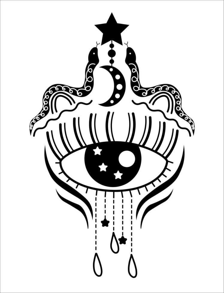 ícono de objetos místicos, luna, ojo, cristales, planetas. estilo de garabato de astrología. elementos esotéricos, boho místicos dibujados a mano. magia y hechicería. ilustración vectorial para halloween.print para camiseta. vector