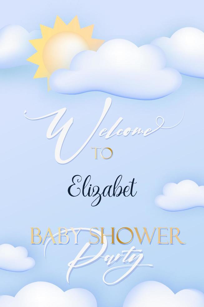 Baby shower banner for a boy. Welcome to the baby show. gender choice. Delicate blue colors. Clouds and toys vector