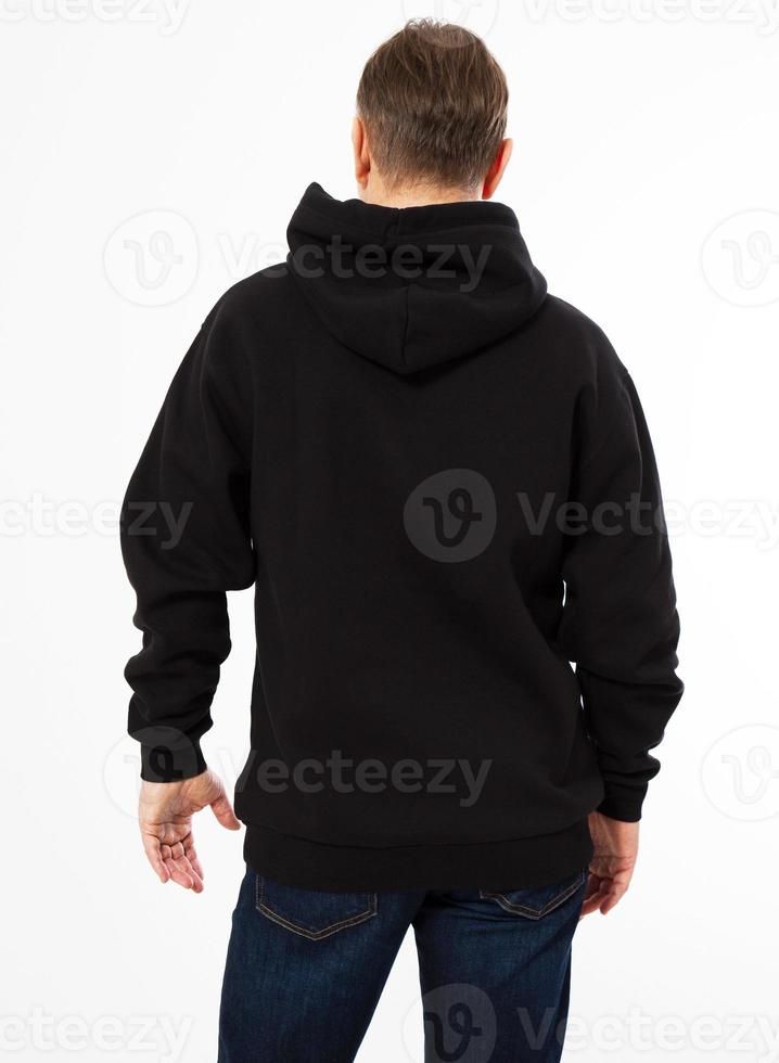 man in a black hoodie isolated on white background mock up - back view photo