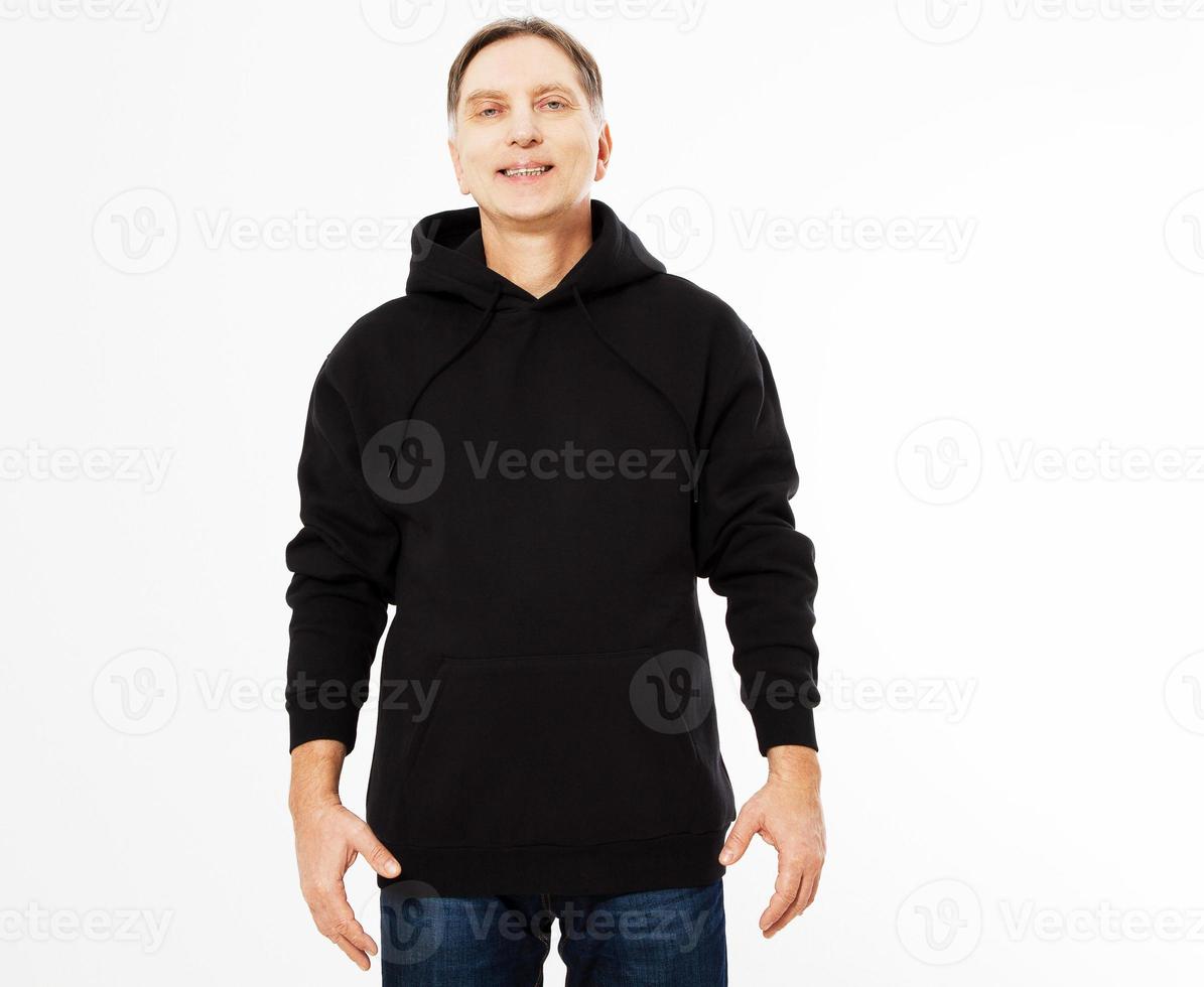 smile man in a black hoodie isolated on white background mock up - front view photo
