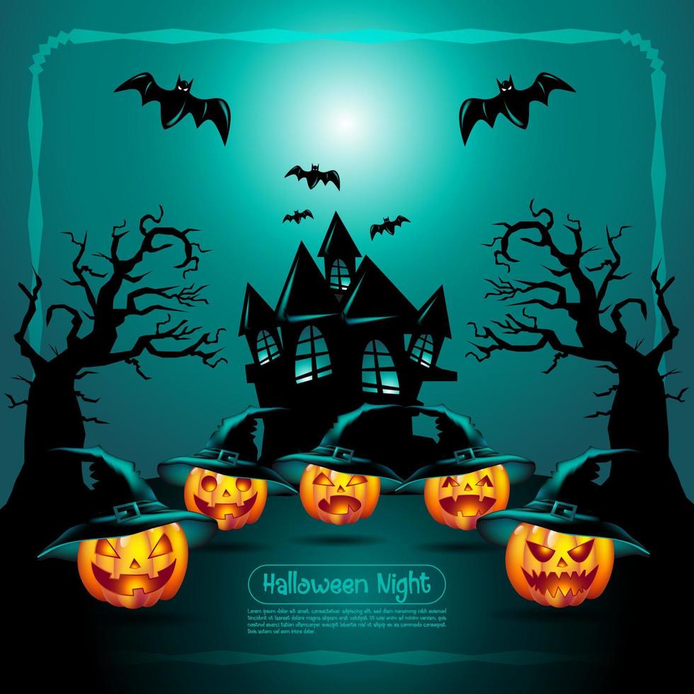 Halloween night background with pumpkins, castle and moon vector