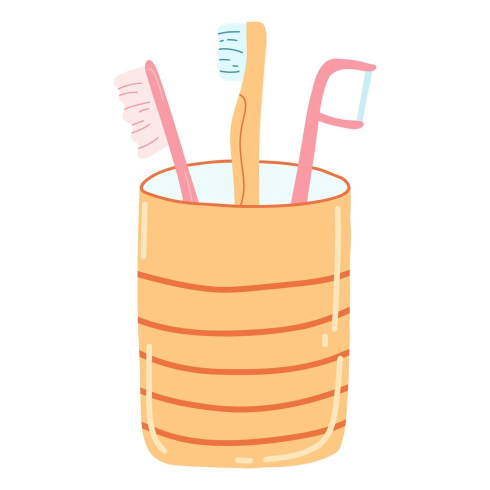 Hand drawn glass with toothbrushes in cartoon flat style. Vector illustration of dental supplies, dental care concept, oral hygiene