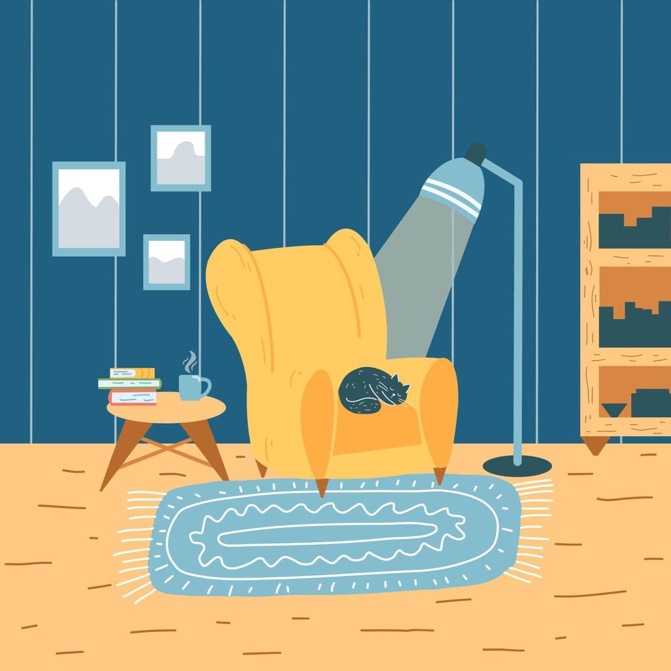 Interior design of living room with furniture, decoration and cat in cartoon flat style. Cozy home with armchair, bookshelf, coffee table, photo frame, floor lamp, carpet. vector