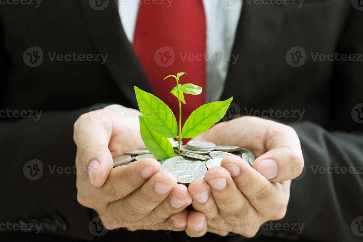Plant growing from money coins in hands Business man in suit and red necktie. business and savings financial  concept. photo
