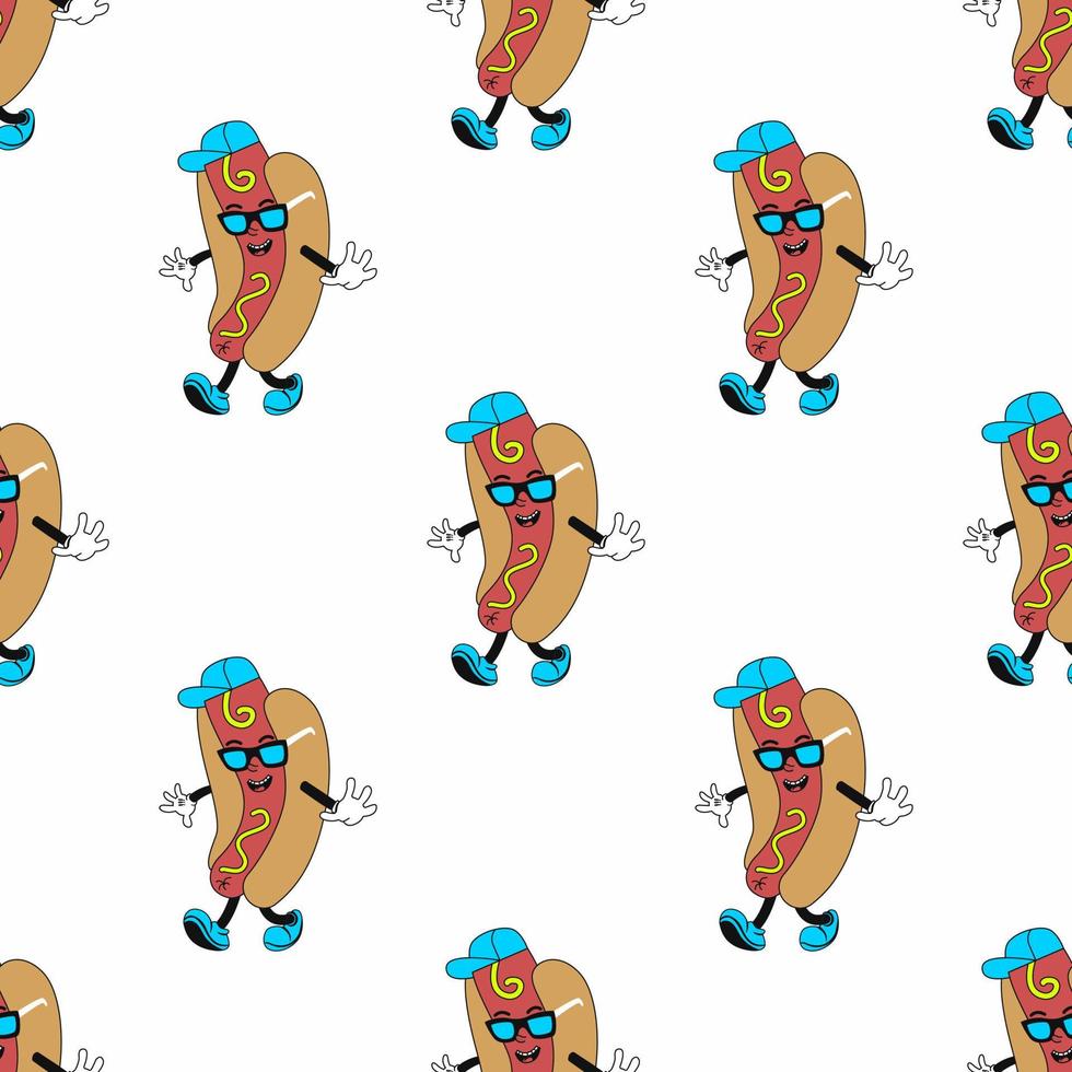 Seamless Pattern With The Mascot Hot Dog Character. Flat Vector Illustration.