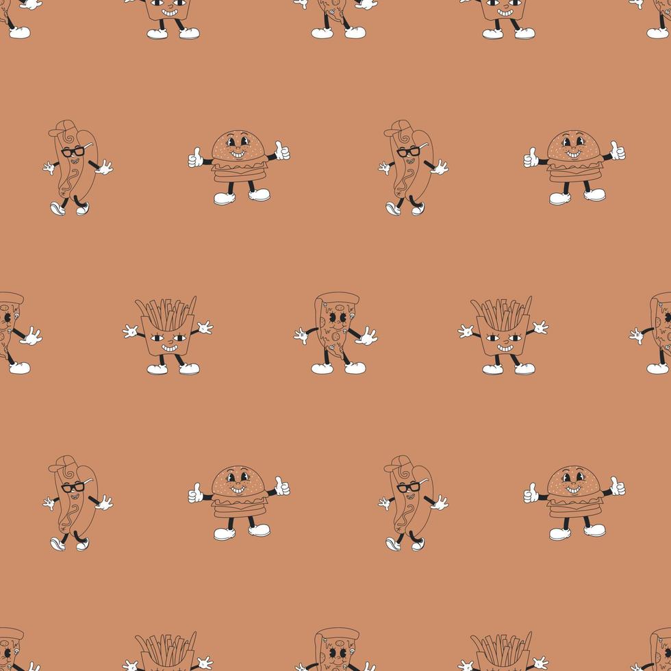 Seamless Pattern With Characters Mascots Burger, Pizza, Hot Dog. Outline Vector Illustration In Doodle Style.