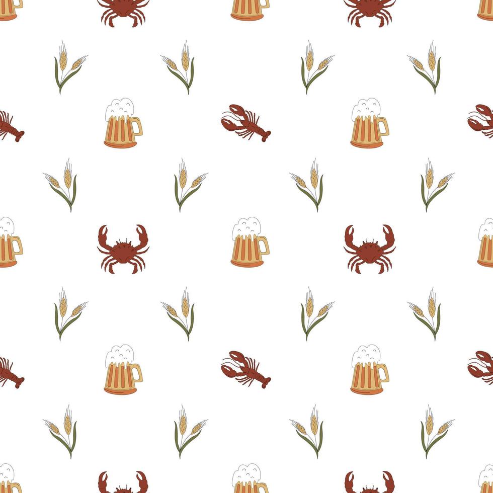 Seamless Pattern With Beer Mugs, Wheat And Crabs. Background For Menu, Packaging, Bar Design. vector