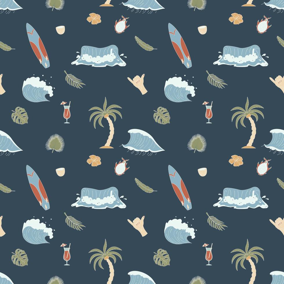 Seamless Pattern With Hand Drawn Elements With A Surf Theme. Wave, Surf, Palm Trees And More. vector