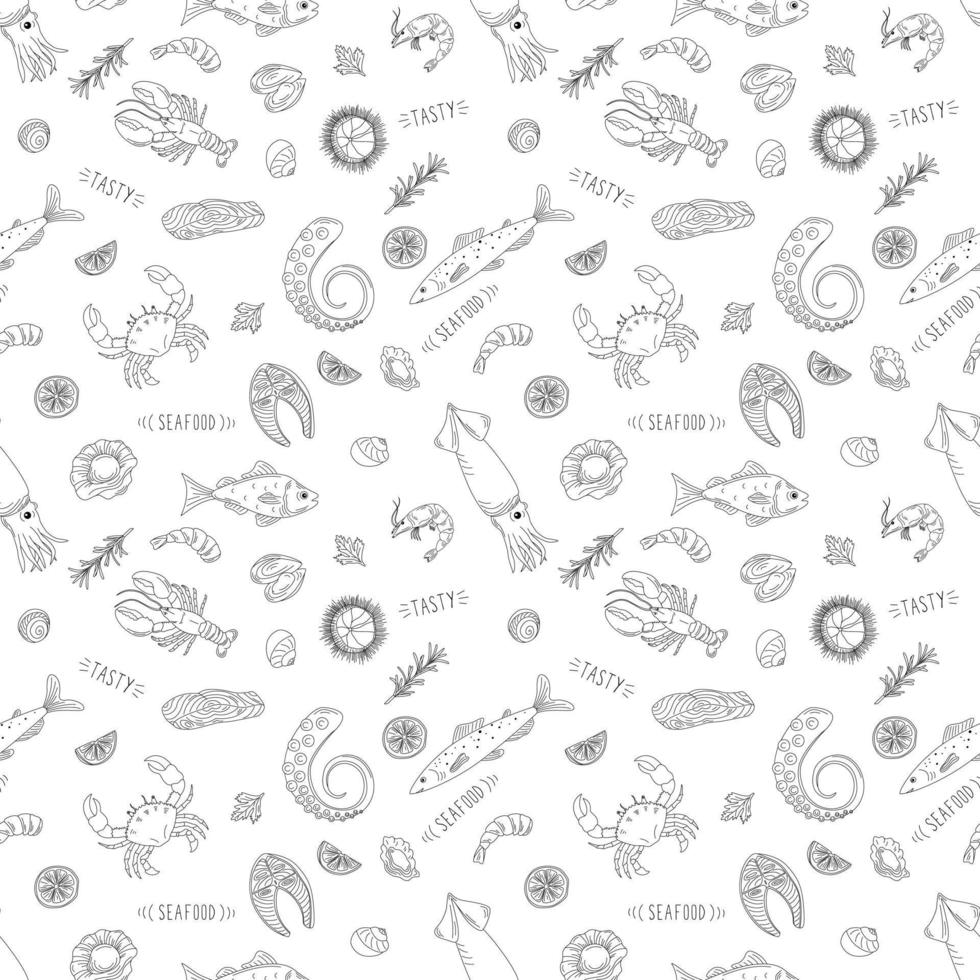 Seamless Pattern With Seafood. Flat Hand Drawn Vector Illustration, Outline.
