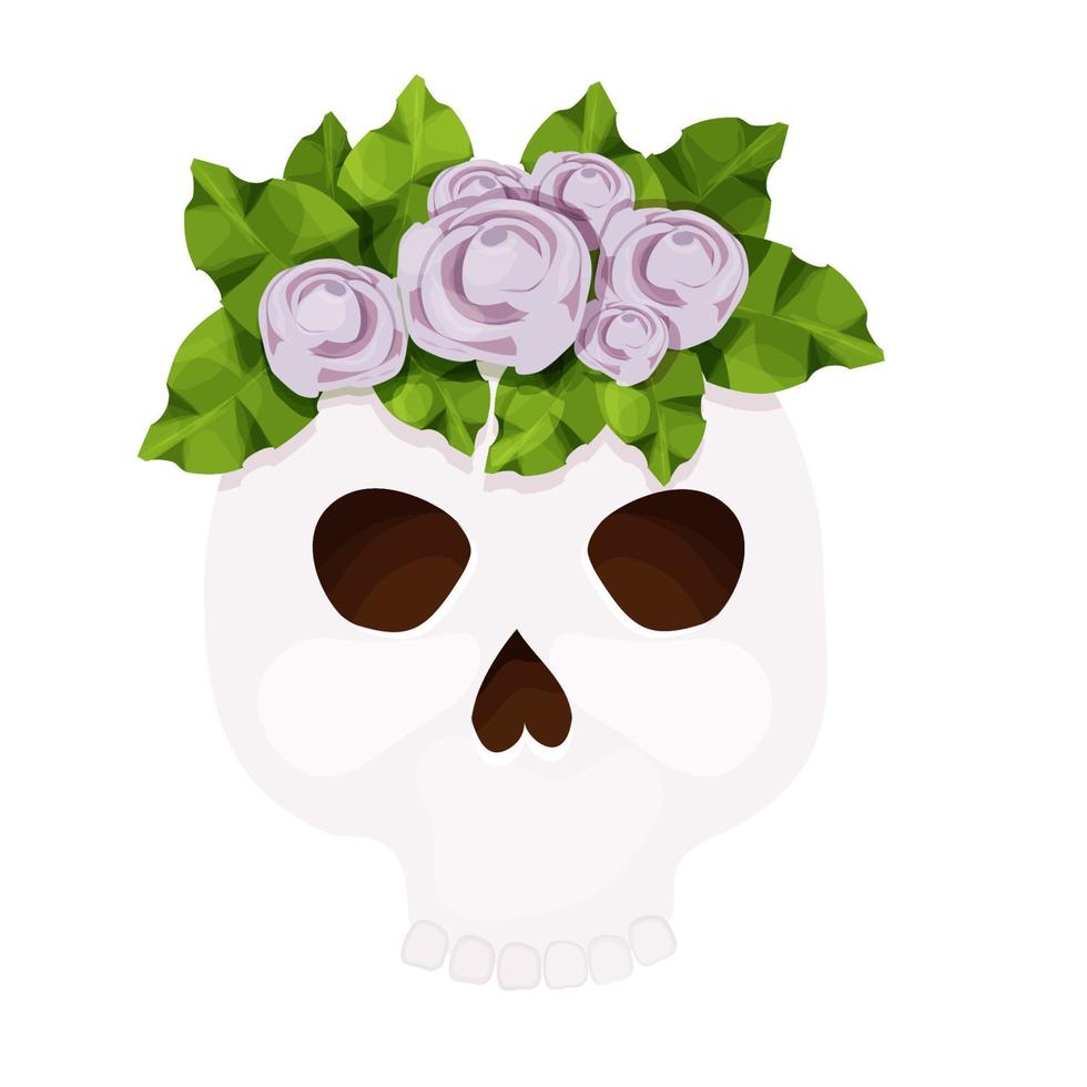 Dead day, skull decorated with traditional flowers, mask, Halloween celebration in cartoon style isolated on white background. Vector illustration
