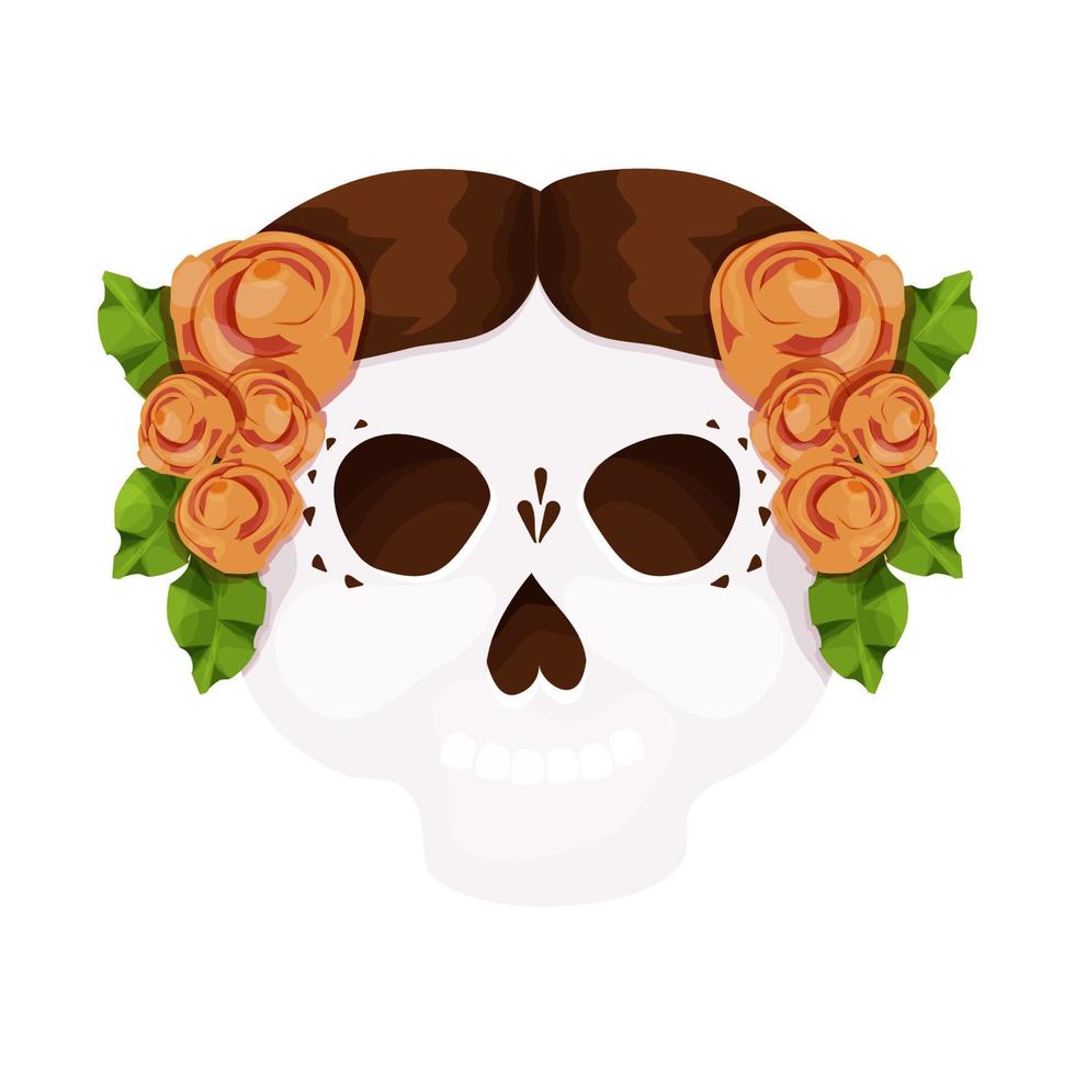 día muerto, cráneo decorado con flores tradicionales, máscara, celebración de halloween en estilo de dibujos animados aislado sobre fondo blanco. ilustración vectorial vector