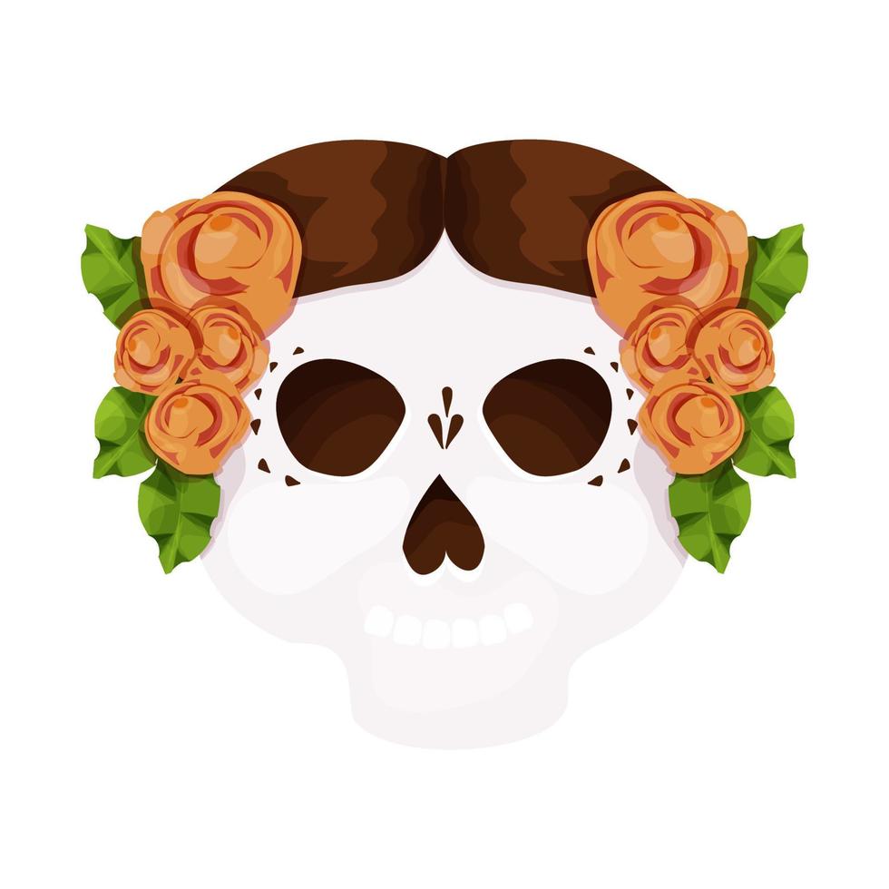 Dead day, skull decorated with traditional flowers, mask, Halloween celebration in cartoon style isolated on white background. Vector illustration