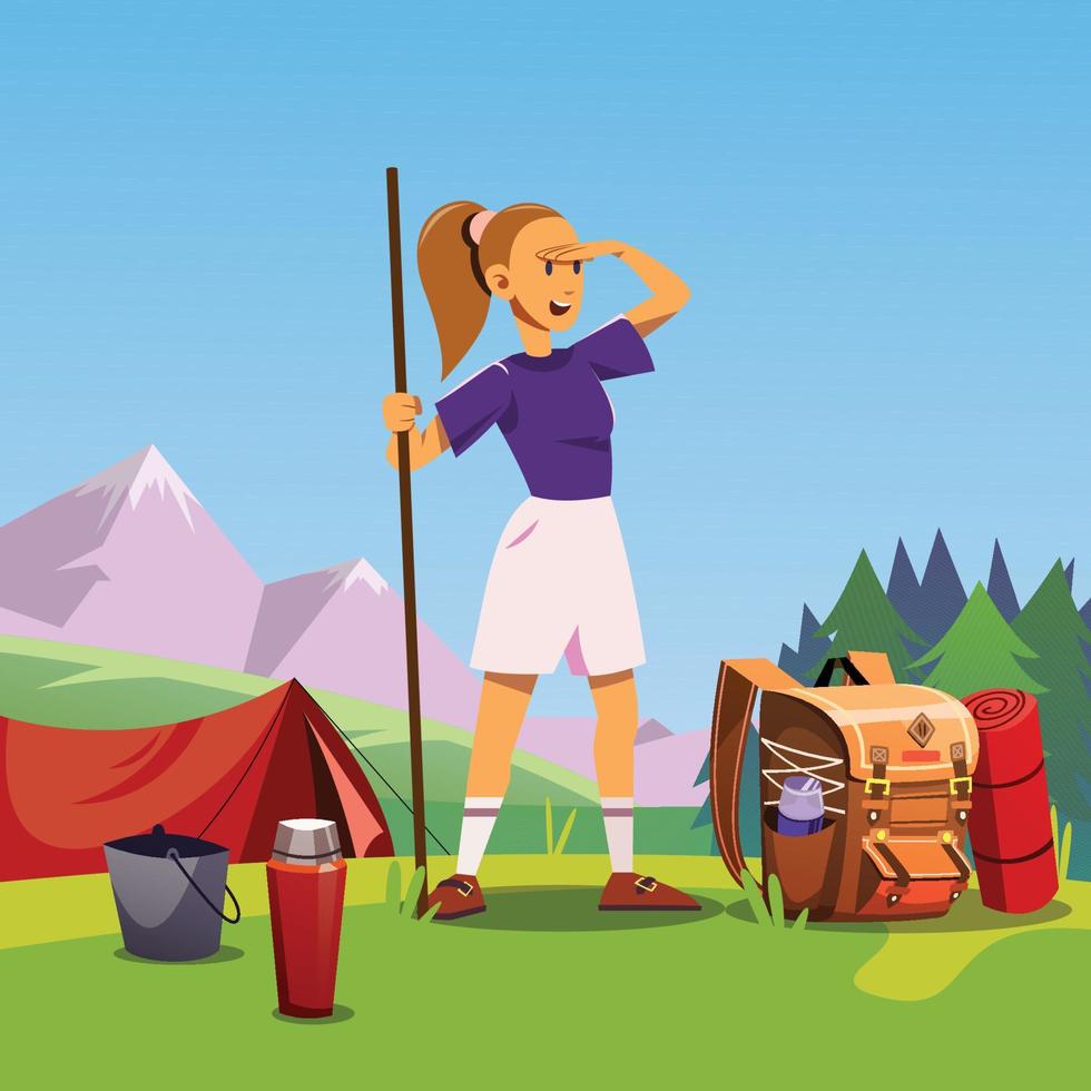 niña en el camping con carpa e ilustración de fondo de montaña. elemento adecuado para explorador, aventura, explorador, actividades al aire libre, etc. vector