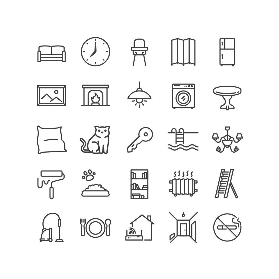Home decoration and interior icon set. Home room types related. Contains such Icons as wifi, couch, hallaway,. no smoking etc. vector