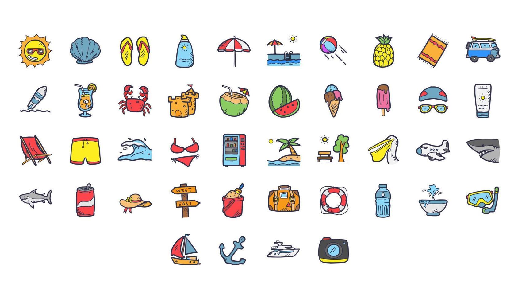 conjunto de iconos de verano simple relacionado con la playa, vacaciones, vacaciones, vacaciones y recreación. icono dibujado a mano vector