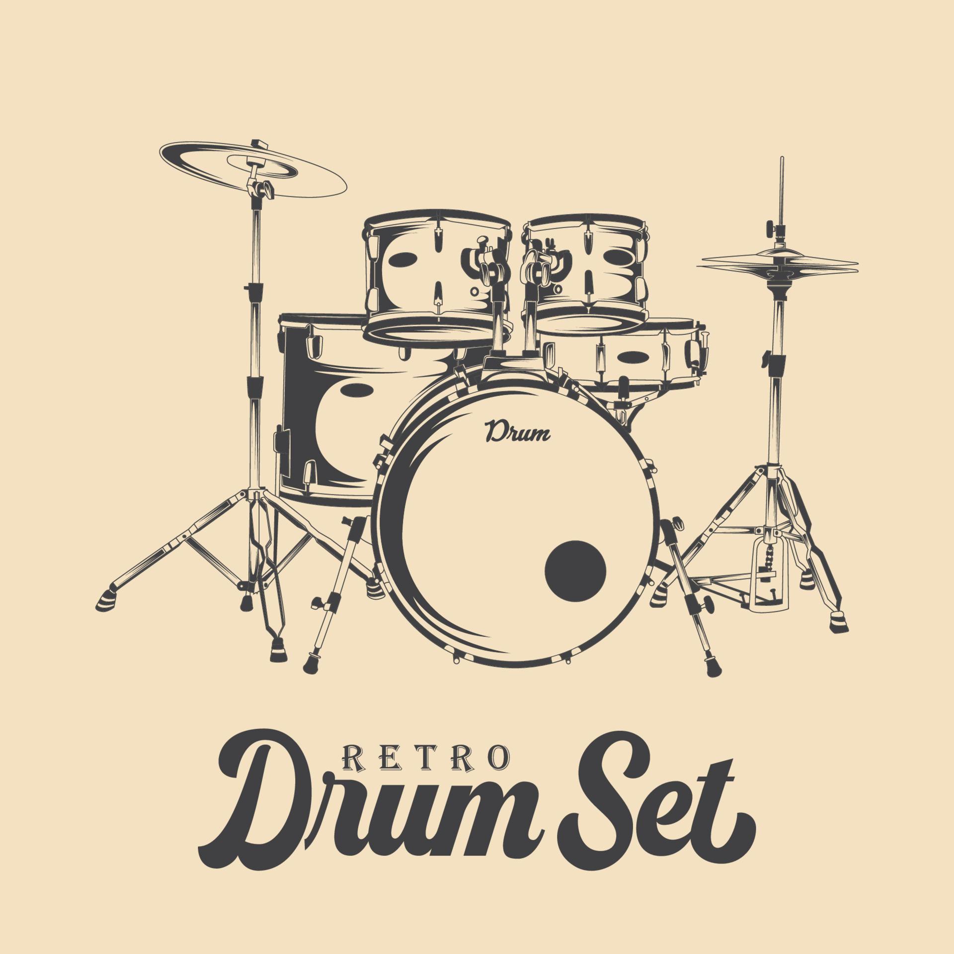 Retro Drum Set Vector Drawing. Retro Drum kit Vector Illustration