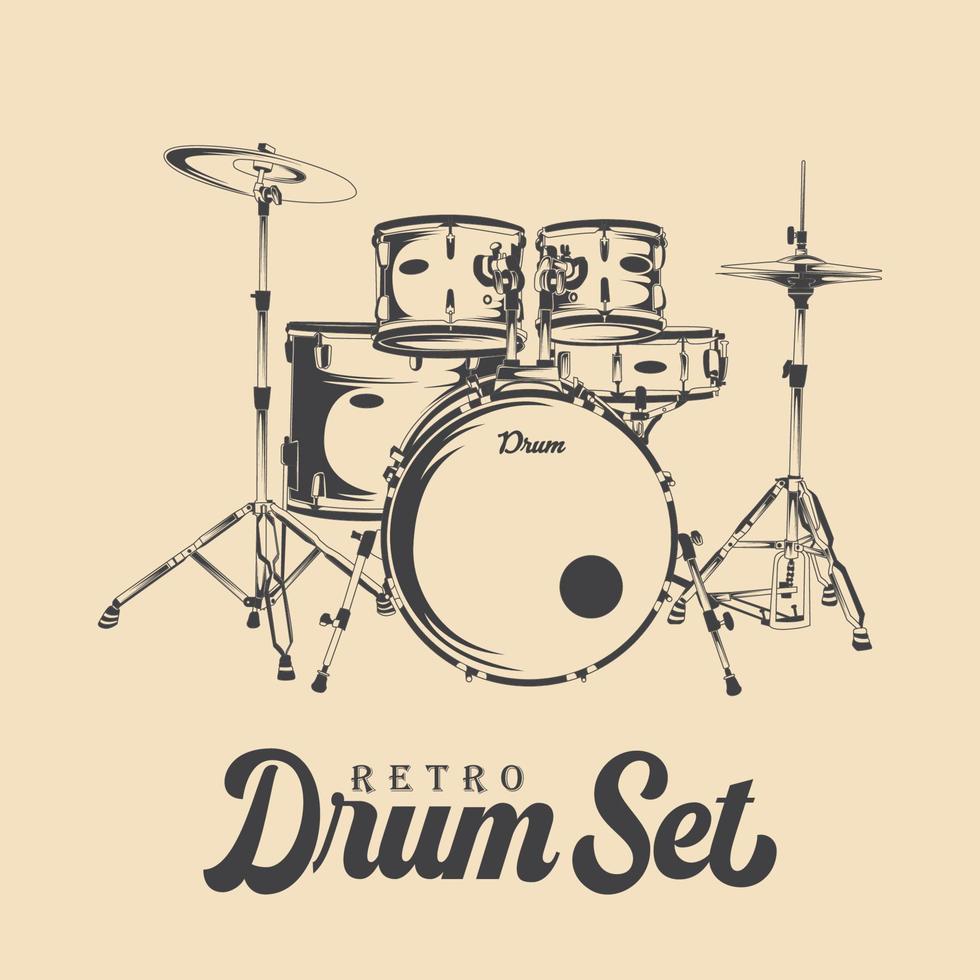 Retro Drum Set Vector Drawing. Retro Drum kit Vector Illustration