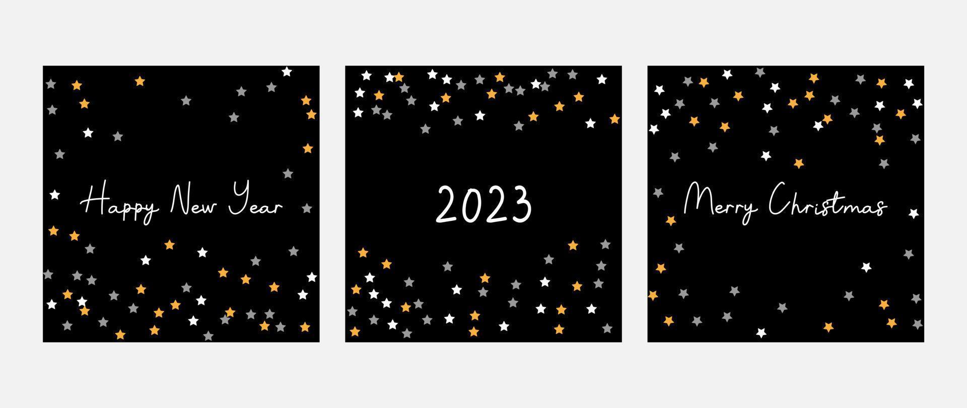 juego de carteles de feliz año nuevo 2023, feliz navidad, juego de tarjetas de felicitación simple vector