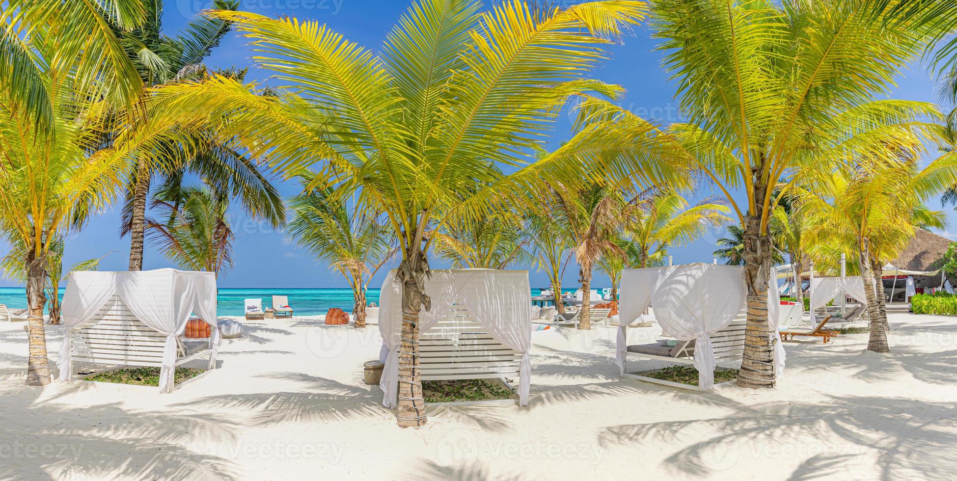 Outside lounging scenic, canopy and chairs relax vacation beach bar blue paradise sky sea and coconut tree in travel easy slow chill refreshment. Summer shore, beach canopy tents. Luxury summer resort photo