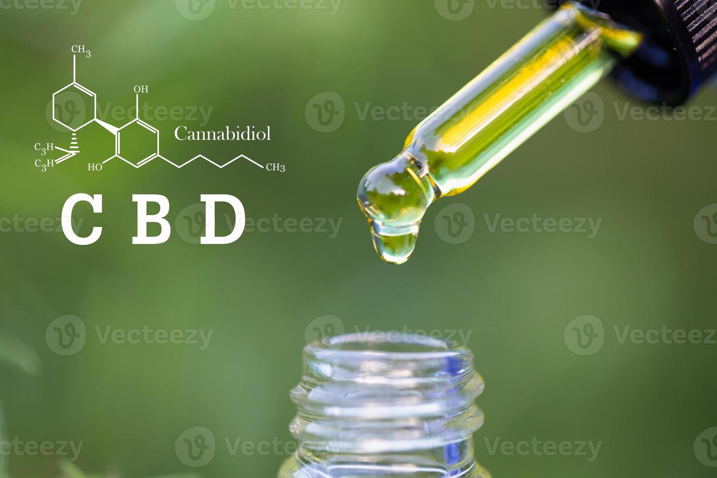 Hemp oil, CBD chemical formula, Cannabis oil in pipette, Medical herb concept photo