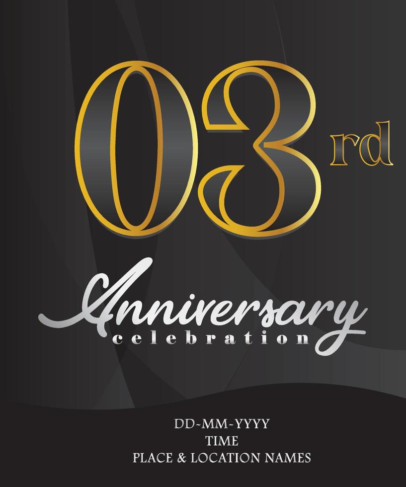 03rd Anniversary Invitation and Greeting Card Design, Golden and Silver Coloured, Elegant Design, Isolated on Black Background. Vector illustration.