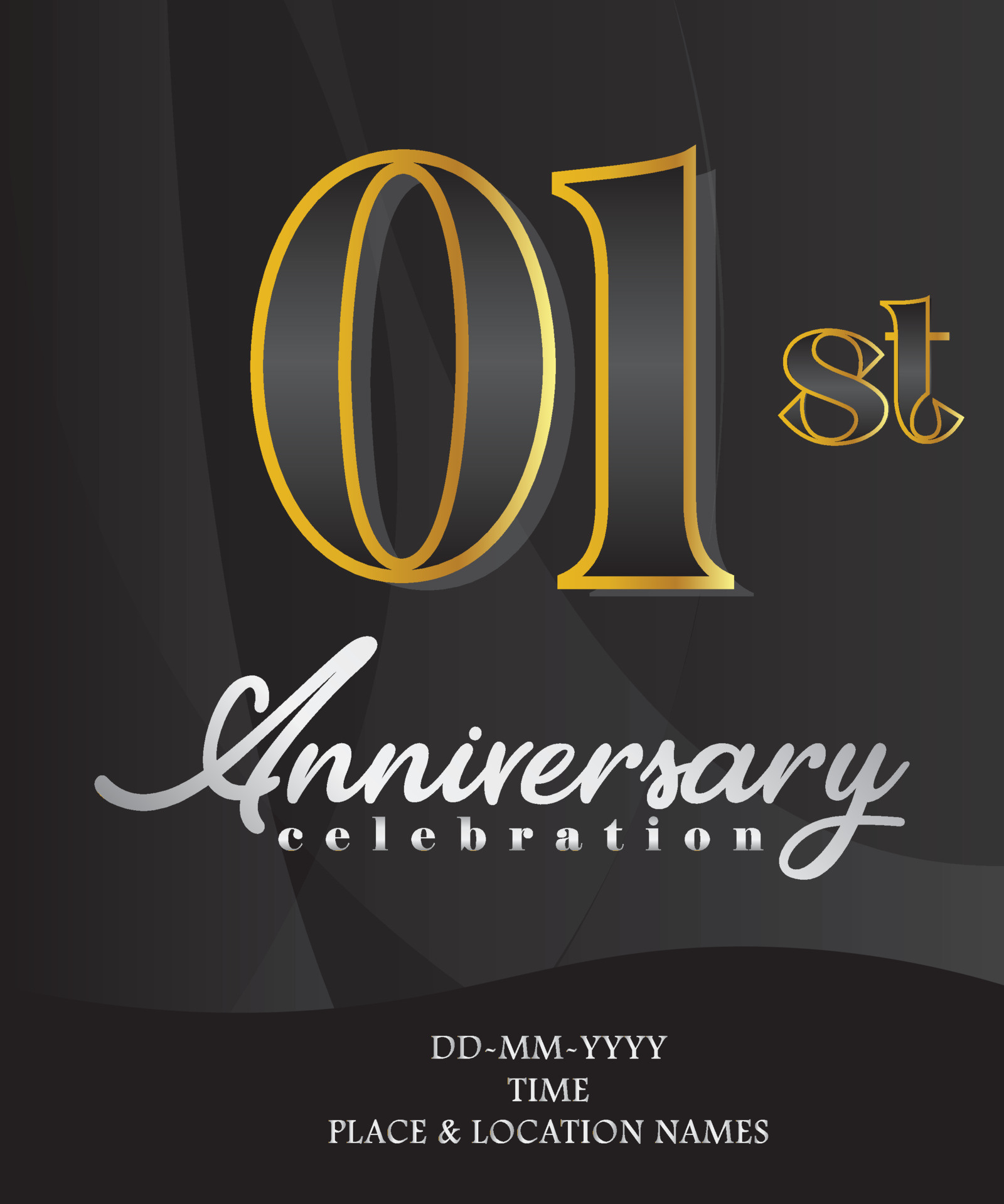 01st Anniversary Invitation and Greeting Card Design, Golden and Silver