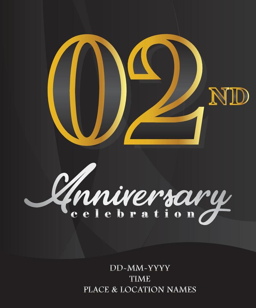 Invitación del segundo aniversario y diseño de tarjetas de felicitación, color dorado y plateado, diseño elegante, aislado en fondo negro. ilustración vectorial vector