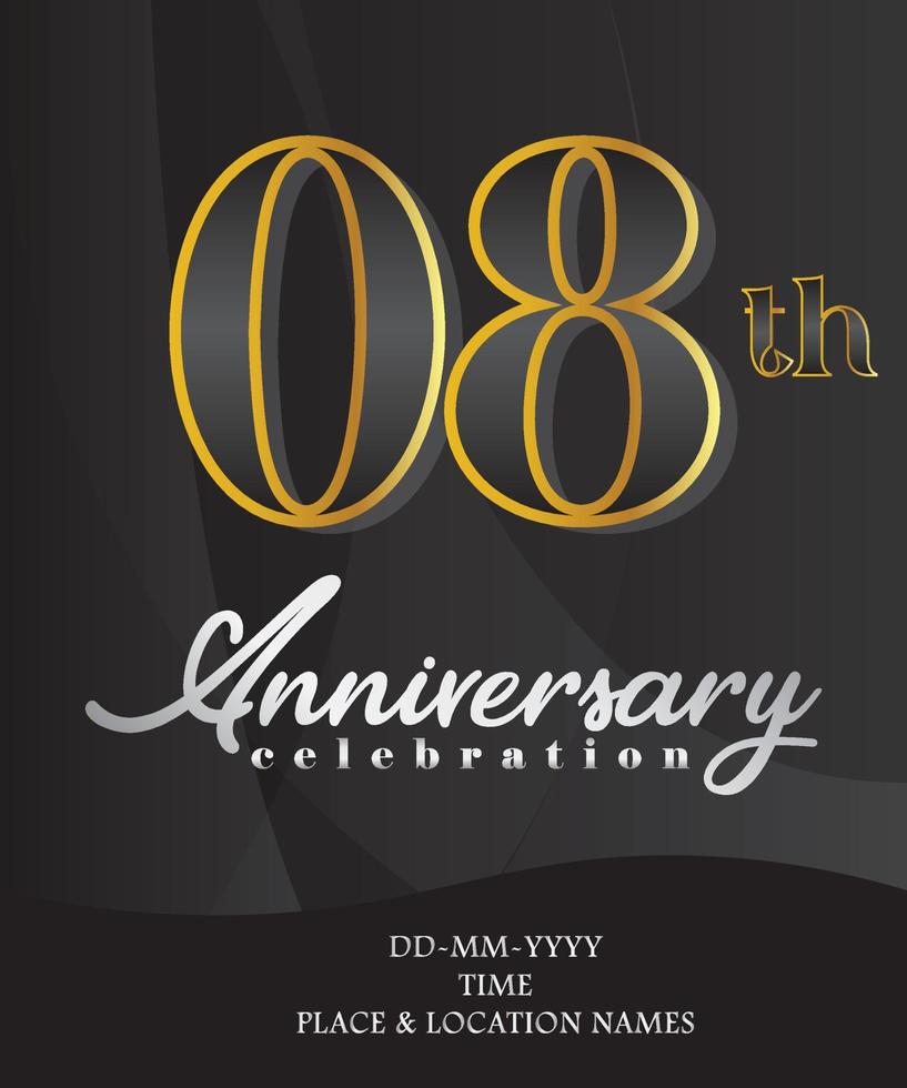 Invitación del 8º aniversario y diseño de tarjetas de felicitación, color dorado y plateado, diseño elegante, aislado en fondo negro. ilustración vectorial vector