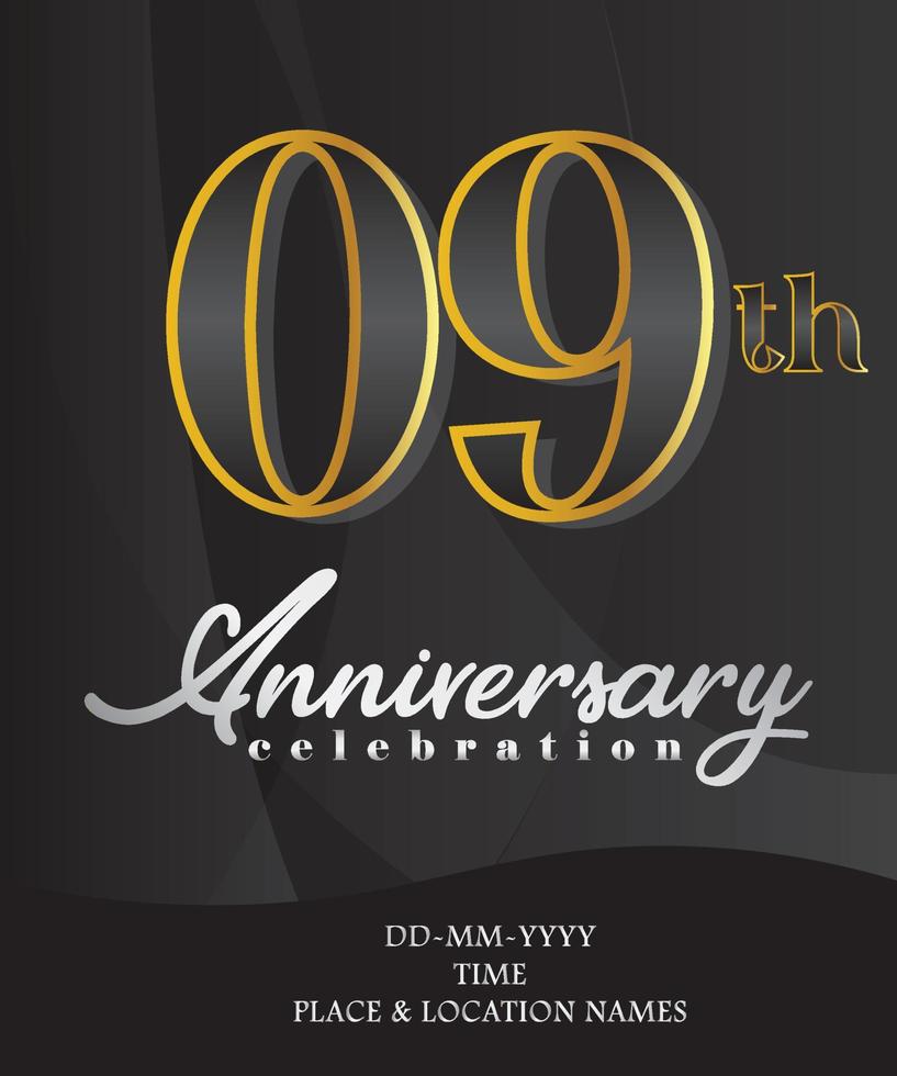 09th Anniversary Invitation and Greeting Card Design, Golden and Silver Coloured, Elegant Design, Isolated on Black Background. Vector illustration.