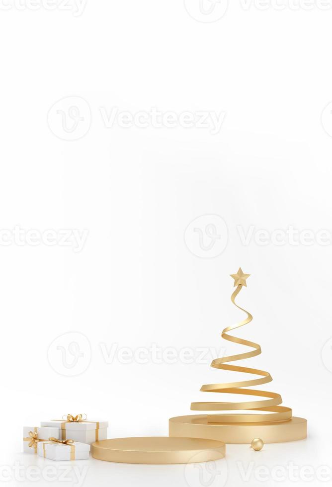 Christmas spiral tree and gifts around on winter white studio background. photo