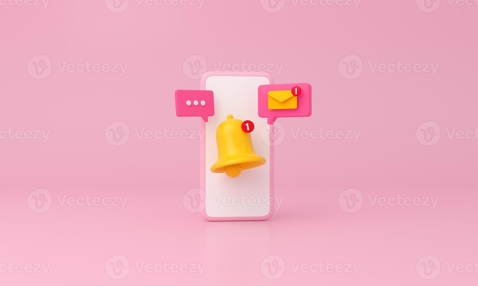 Smartphone, notification message bell, icon alert and alarm mail on minimal pink background. photo