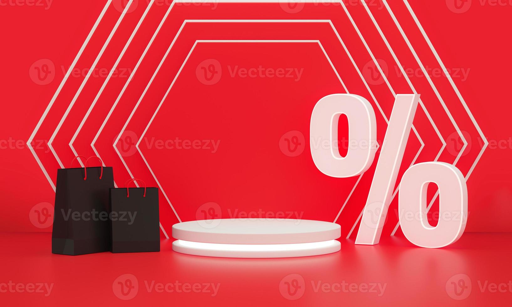 Black fridays discounts. Percent discount symbol and Shopping bags with Podium with light on hexagonal wall on studio background. photo