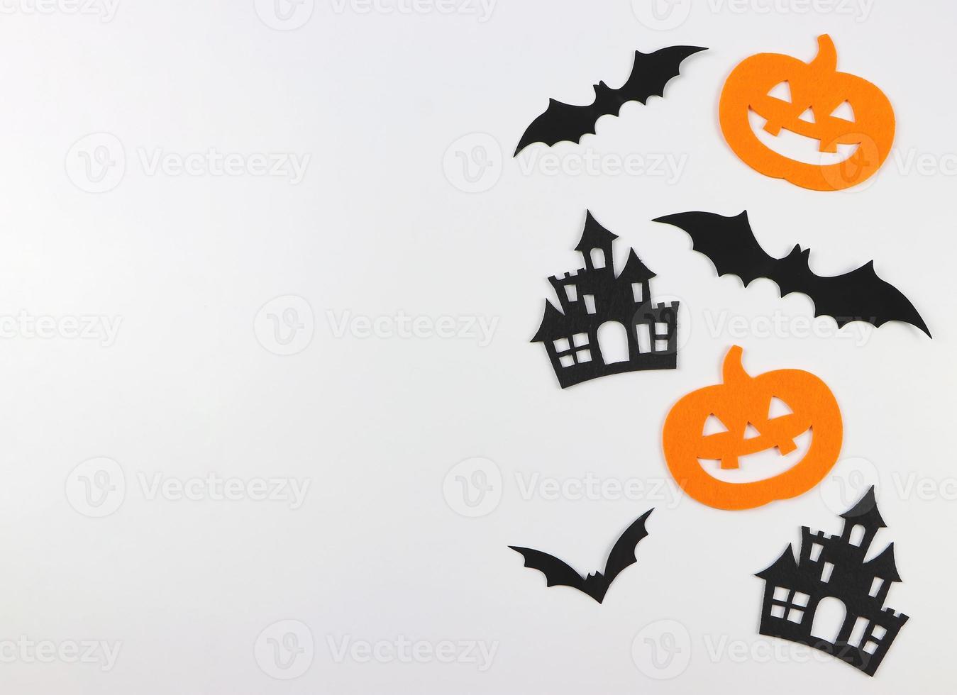 decorations for Halloween holiday, Halloween pumpkins, castles and bats on white background. photo