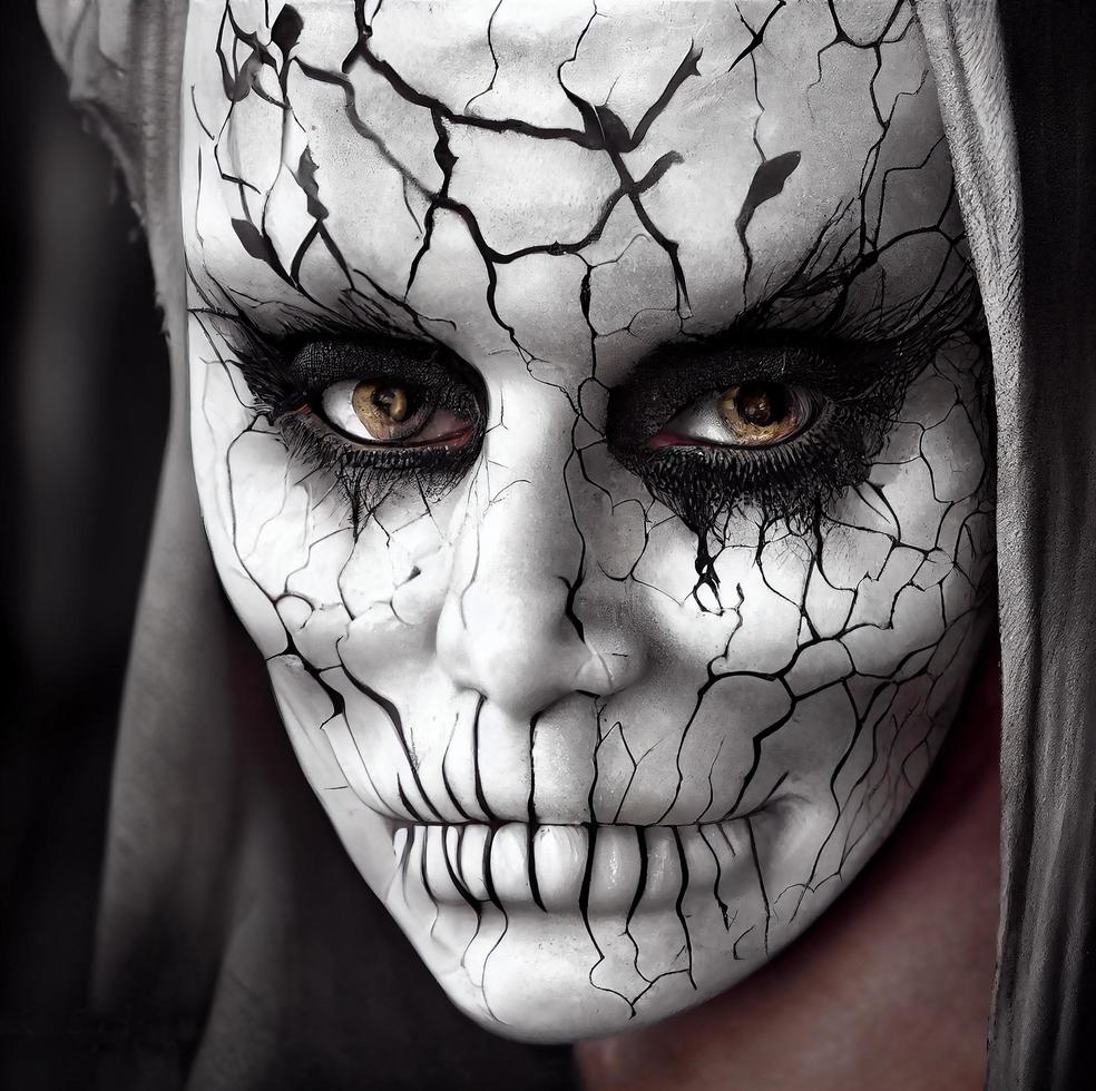 cara de niña con maquillaje gótico de halloween. maquillaje aterrador y espeluznante. foto
