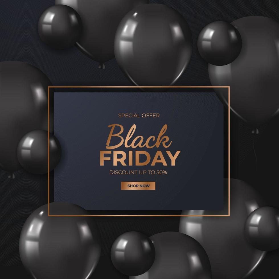 banner de descuento de promoción de oferta de venta de viernes negro con globo volador negro realista 3d lujo elegante vector