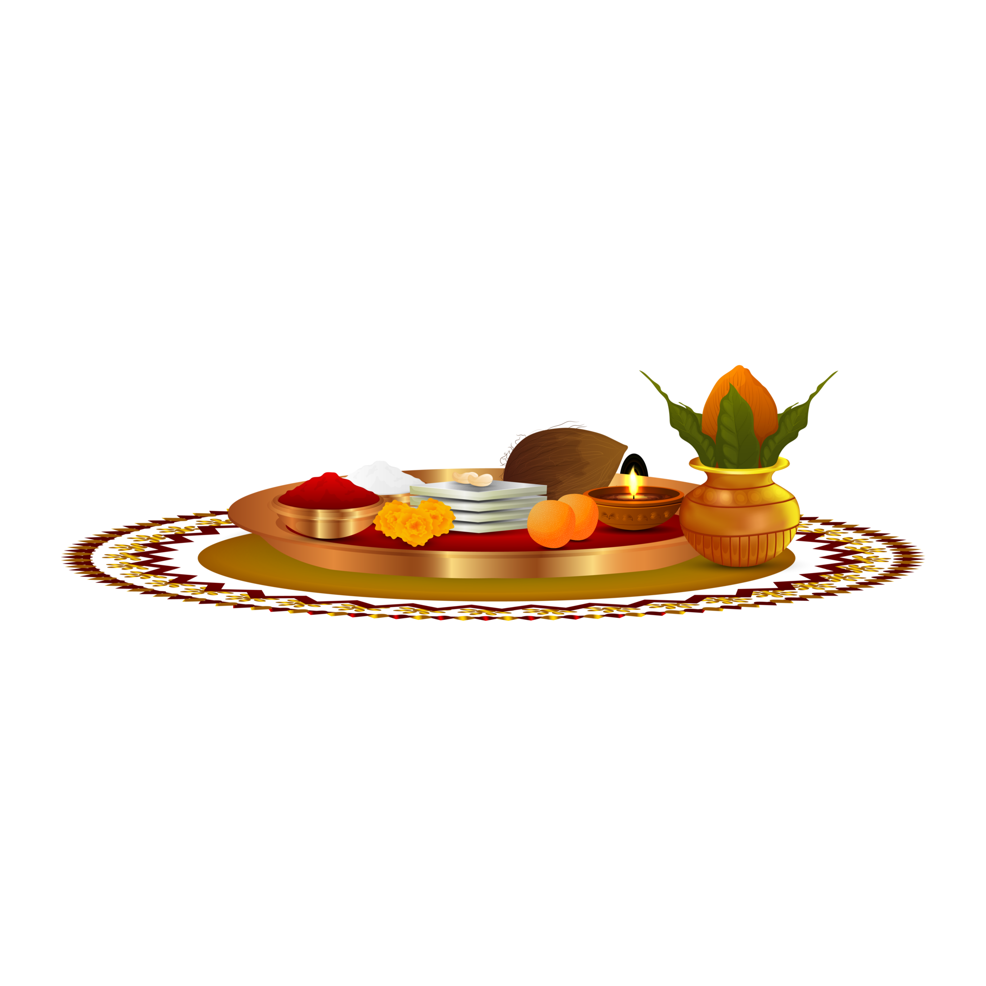 Golden Thali For Festival Puja And Kalash 11906150 PNG golden-thali-for-festival-puja-and-kalash-11906150-png