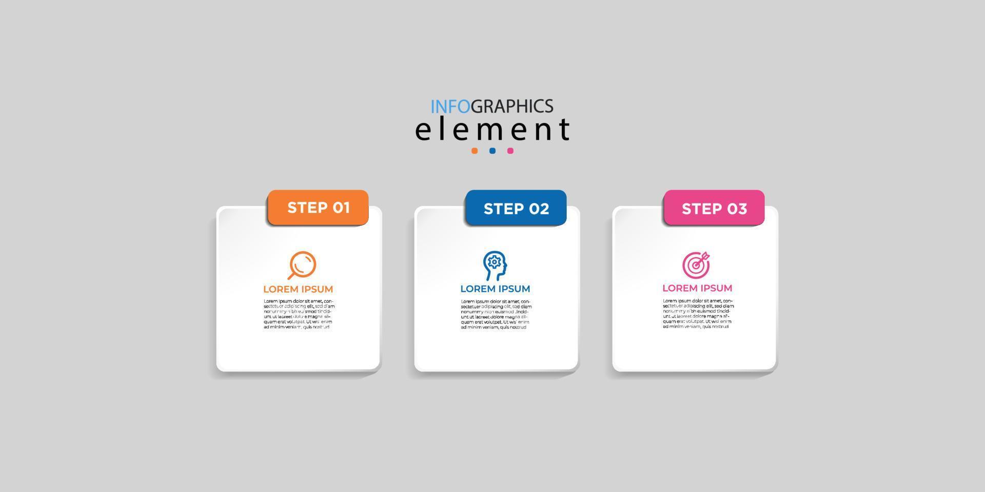 Infografía moderna de 3 pasos, opciones o niveles con etiqueta. gráfico de información de línea de tiempo. presentación de negocios, folleto de información, banner, plantilla de diseño de flujo de trabajo. ilustración vectorial eps10 vector