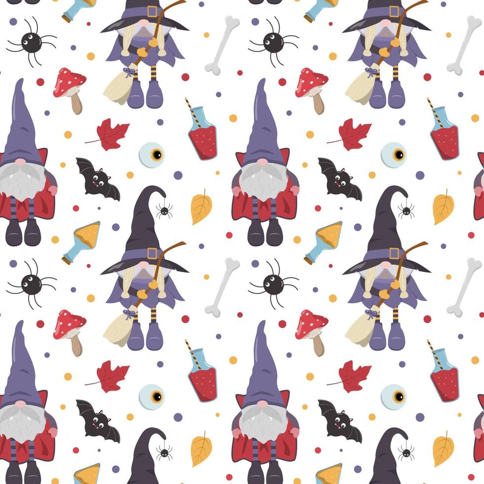 Cute cartoon Halloween gnome characters pattern. Vampire in a cloak, witch with a broom, red and yellow potions, amanita, and others. Spooky holiday background. vector
